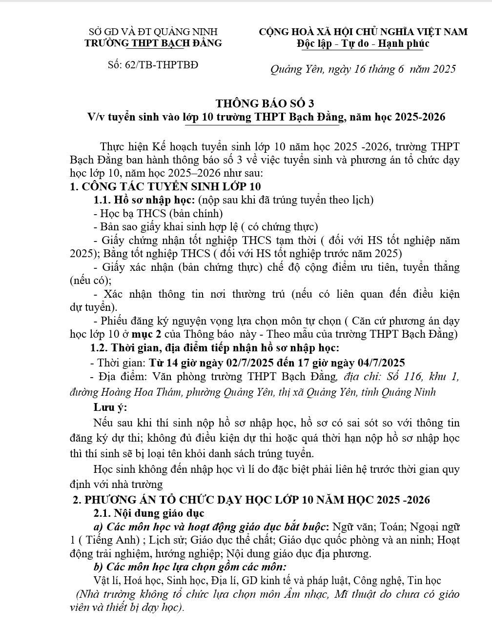 THÔNG BÁO SỐ 3 về việc tuyển sinh vào lớp 10 trường THPT Bạch Đằng, năm học 2025-2026