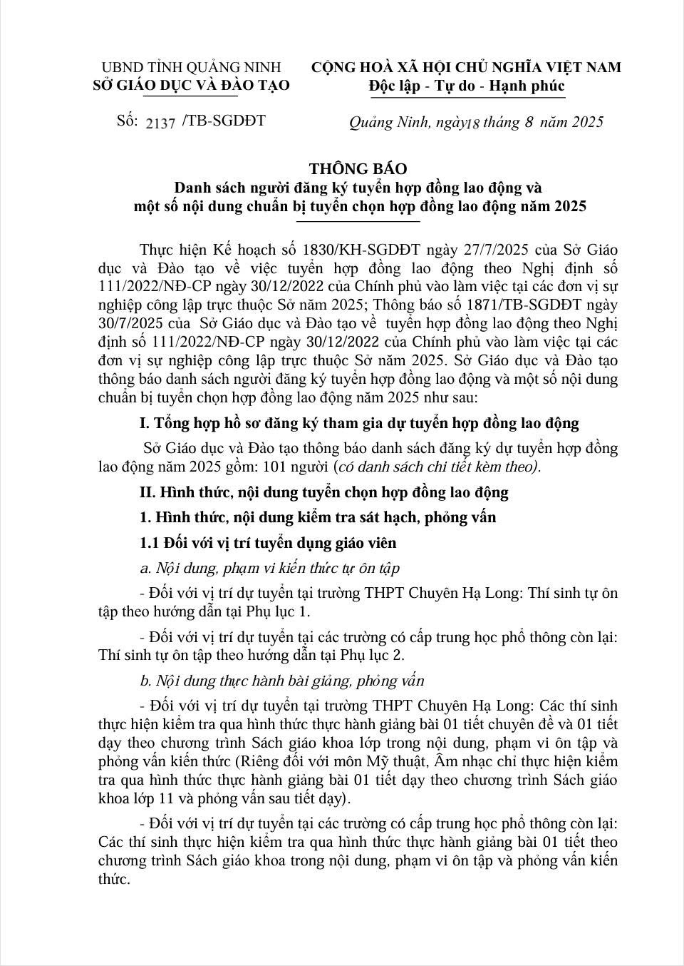 THÔNG BÁO Danh sách người đăng ký tuyển hợp đồng lao động và một số nội dung chuẩn bị tuyển chọn hợp đồng lao động năm 2025