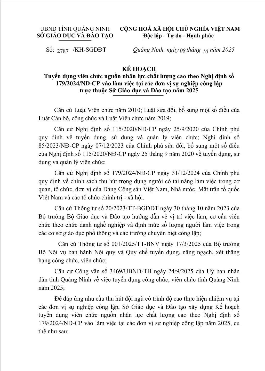 KẾ HOẠCH Tuyển dụng viên chức nguồn nhân lực chất lượng cao