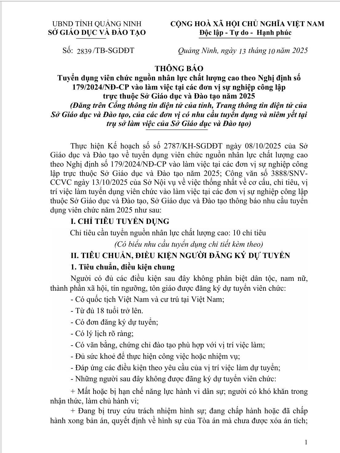 THÔNG BÁO về việc Tuyển dụng viên chức nguồn nhân lực chất lượng cao