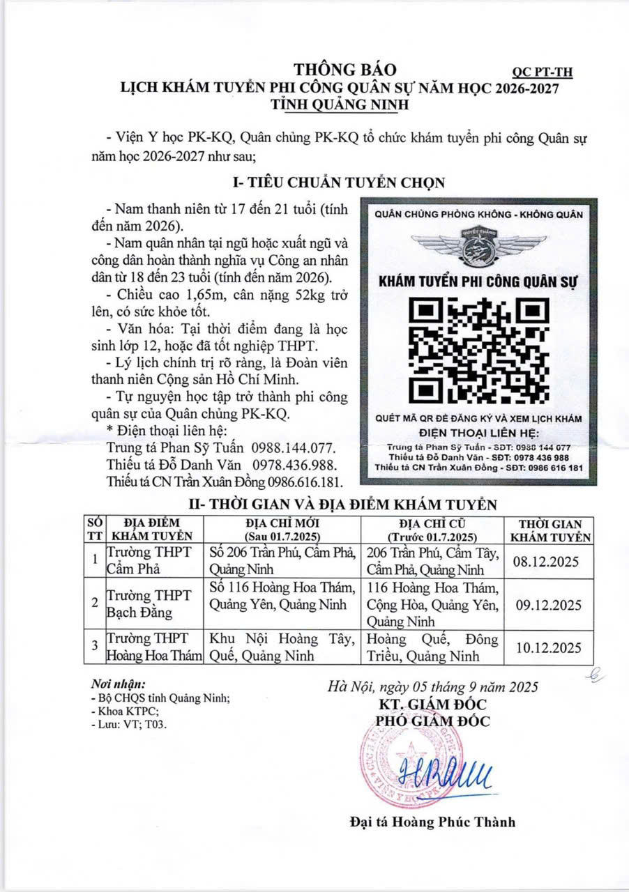 THÔNG BÁO TUYỂN PHI CÔNG QUÂN SỰ NĂM HỌC 2026-2027 TỈNH QUẢNG NINH