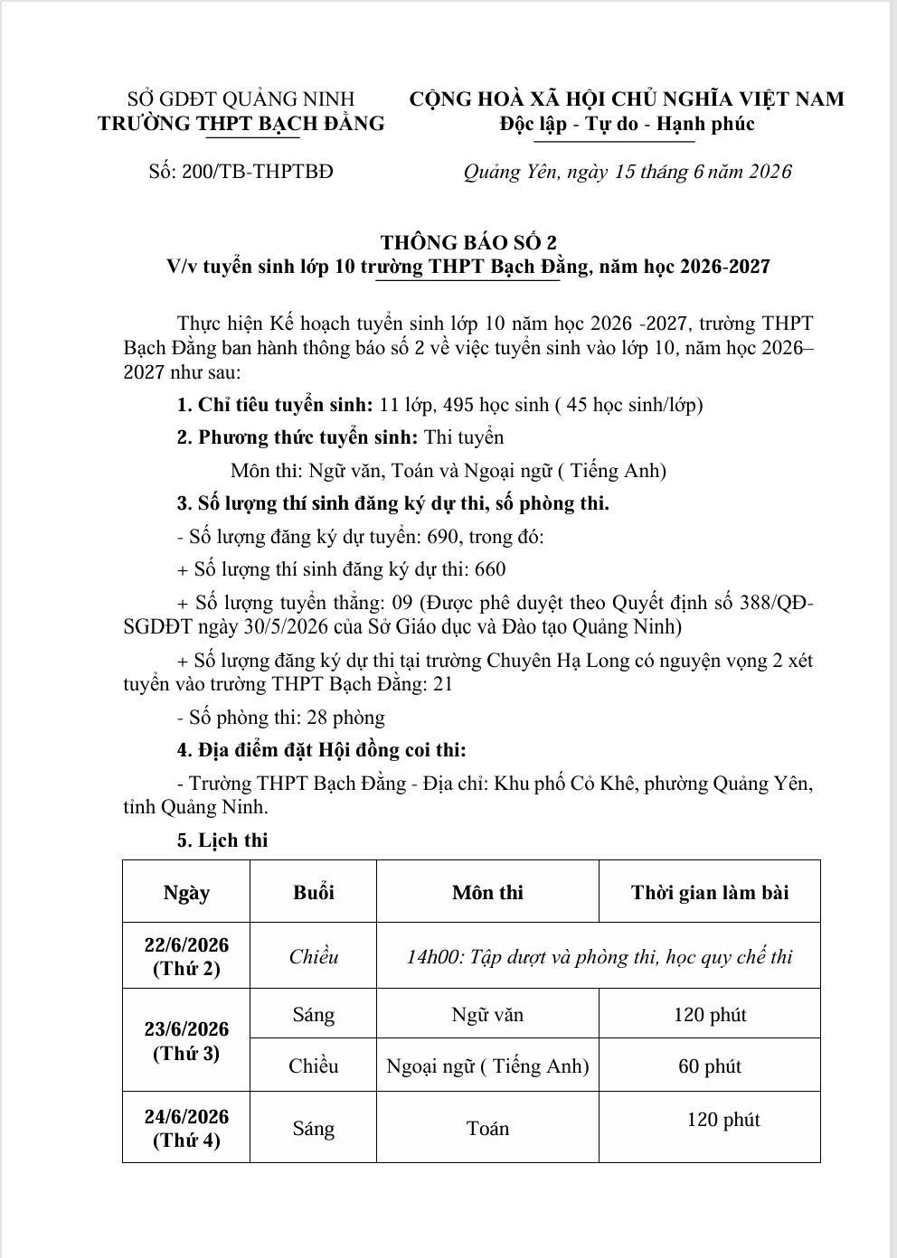 TRƯỜNG THPT BẠCH ĐẰNG THÔNG BÁO SỐ 2 VỀ TUYỂN SINH LỚP 10 NĂM HỌC 2026 – 2027